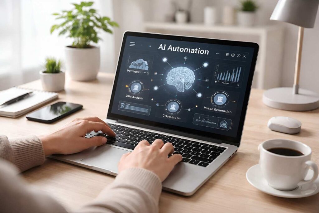 Laptop menampilkan dashboard otomasi AI dengan kopi
