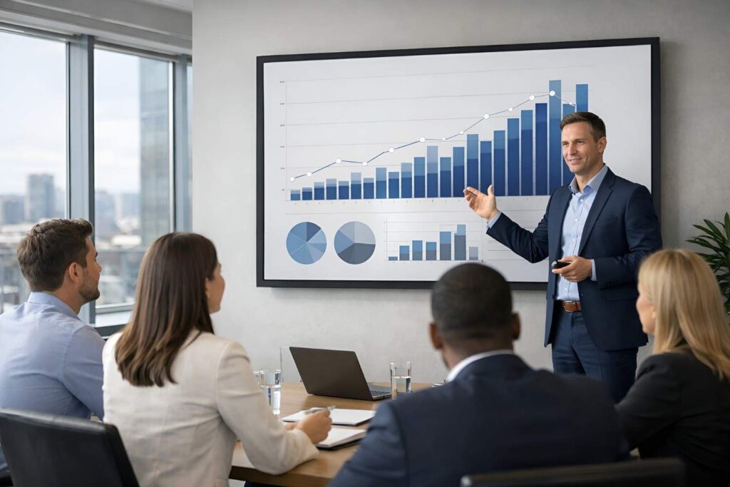 Executive presenting rising performance charts and graphs to a seated team in a boardroom